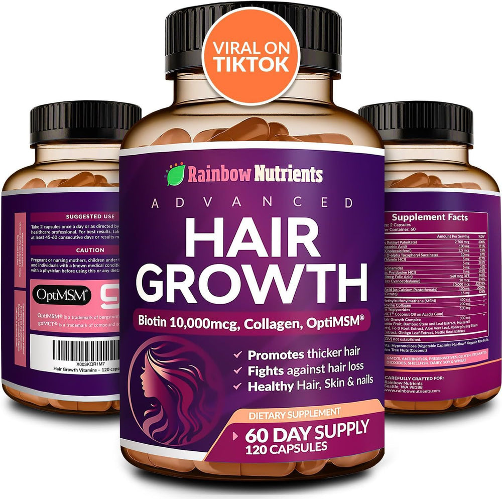 Advanced Hair Growth Supplement with Biotin 10,000mcg Collagen & MSM | Hair Skin & Nails Support | Organic Wellness Hub