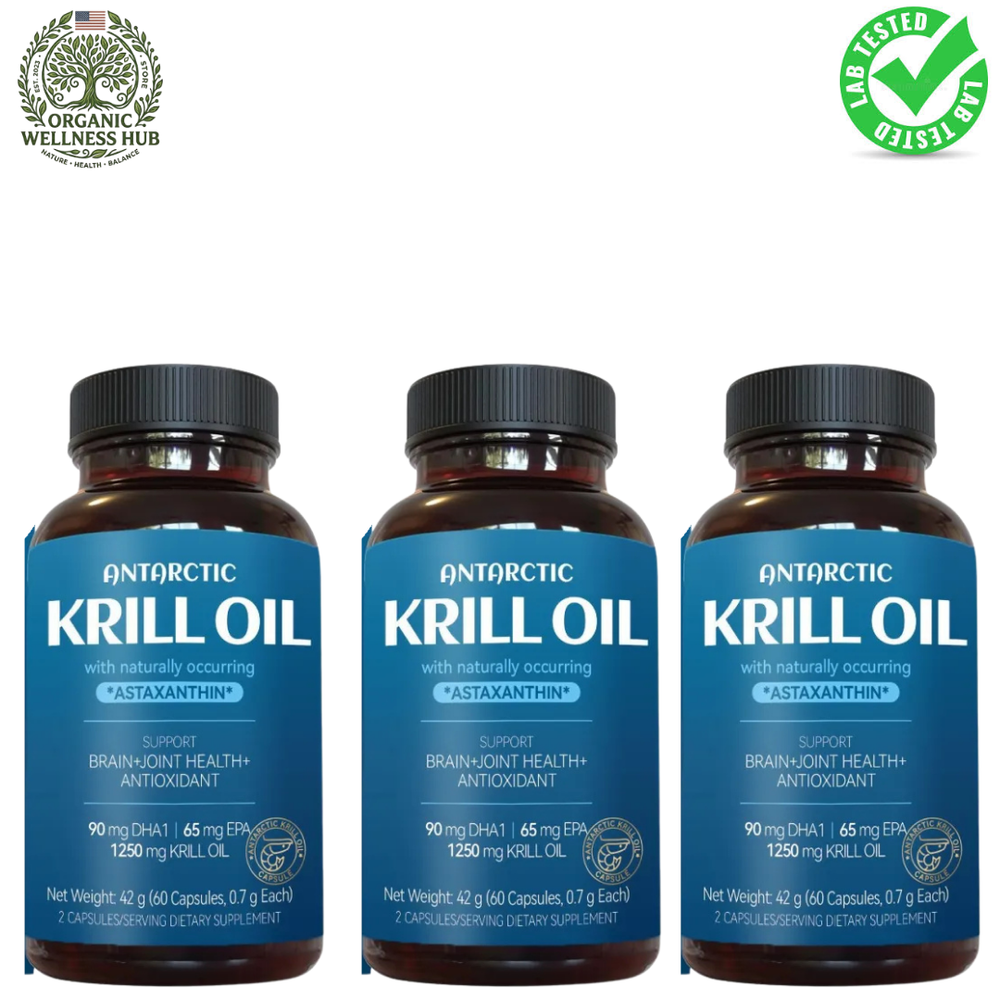 Antarctic Krill Oil 1250mg 3-Pack Bundle + Astaxanthin | 90-Day Supply | Brain, Joint & Antioxidant | Organic Wellness Hub