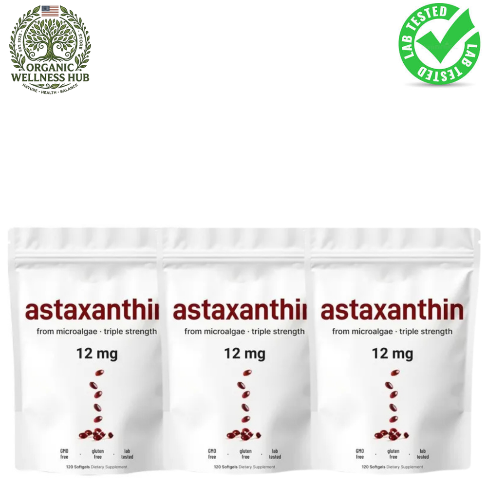 Astaxanthin 12mg Triple Strength — 3-Pack Bundle | 360 Softgels | Microalgae | Lab Tested | Best Value – Organic Wellness Hub
