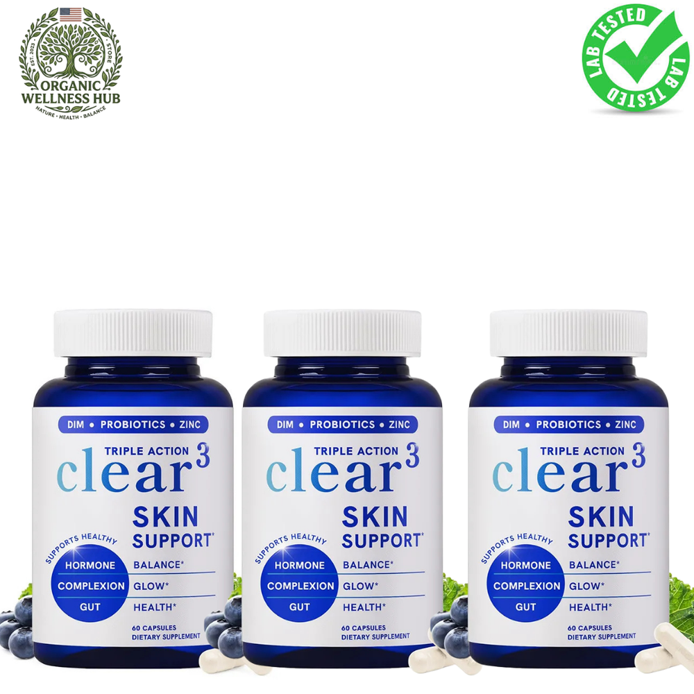 Clear³ Triple Action Skin Support Supplement 3-Pack | DIM, Probiotics & Zinc for Hormonal Acne, Gut Health & Glowing Complexion – 180 Capsules | Organic Wellness Hub
