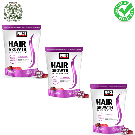 Force Factor Hair Growth Accelerator 3-Pack | 180 Soft Chews with LUSTRIVA® | Mixed Berry | 90-Day Supply | Thicker, Fuller Hair Starting in 3 Weeks | Non-GMO | No Artificial Sweeteners
