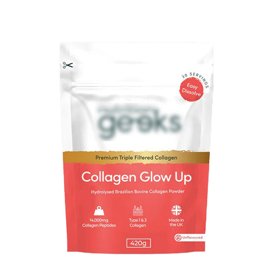 Geeks Collagen Glow Up | 14,000mg Brazilian Bovine Collagen Powder | Type 1 & 3 | Triple Filtered | Made in UK | Lab Tested | 420g 30 Servings | Organic Wellness Hub