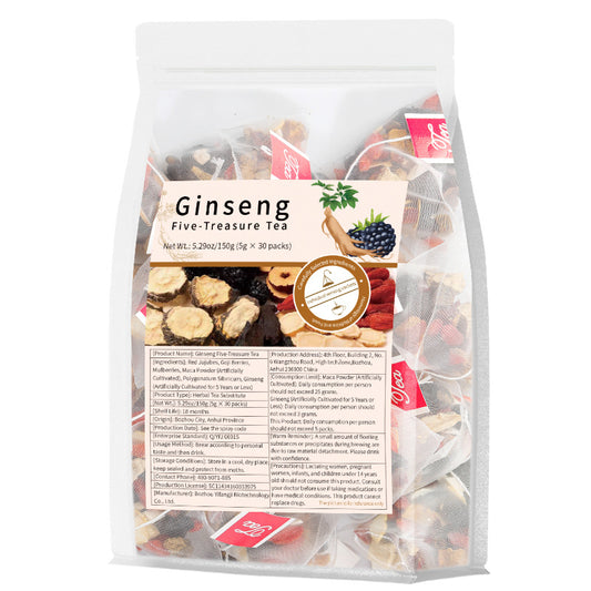 Ginseng Five-Treasure Herbal Tea ? Red Jujube, Goji Berry, Mulberry, Maca & Polygonum Sibiricum | 30 Tea Bags | Natural Energy, Vitality & Wellness Blend | 150g