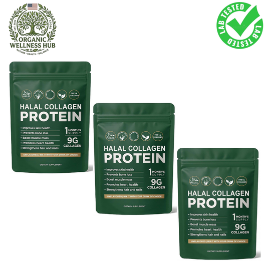 Halal Collagen Protein Powder 3-Pack Bundle 9g | Grass-Fed Non-GMO Type 1 & 3 | Skin Bones Muscle & Heart Health | 3 Month Supply | Organic Wellness Hub