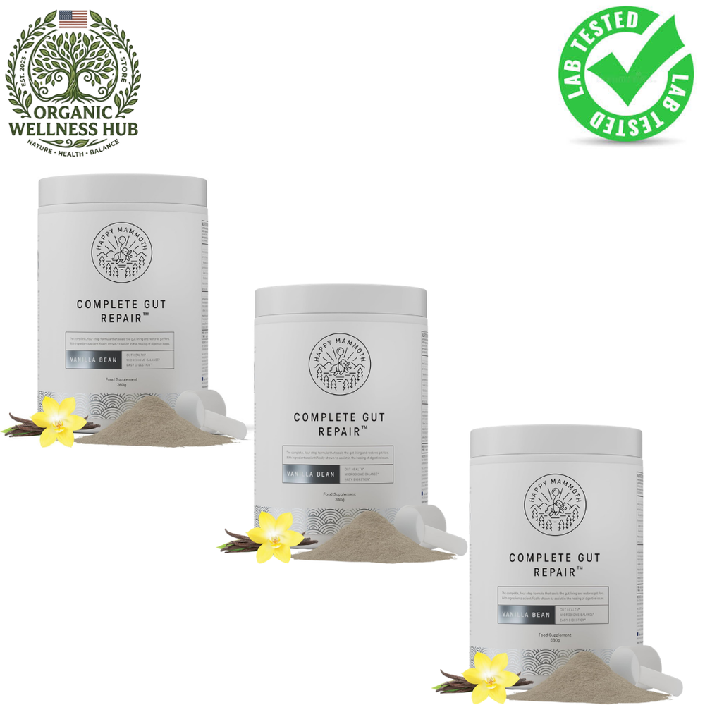 Happy Mammoth Complete Gut Repair™ 3-Pack Bundle | Vanilla Bean Gut Health Supplement | Leaky Gut, Microbiome & Digestion | Lab Tested | 3 × 360g | Organic Wellness Hub