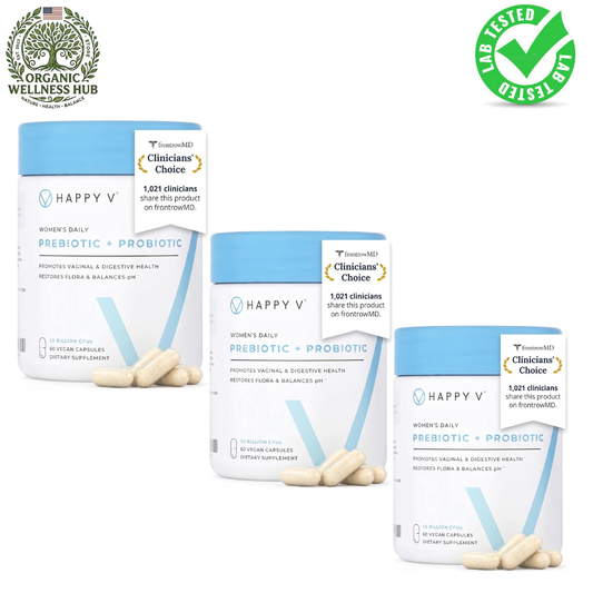 Happy V Women's Daily Prebiotic + Probiotic 3-Pack | 20 Billion CFUs | Vaginal & Gut Health | pH Balance | 180 Vegan Capsules | 6-Month Supply