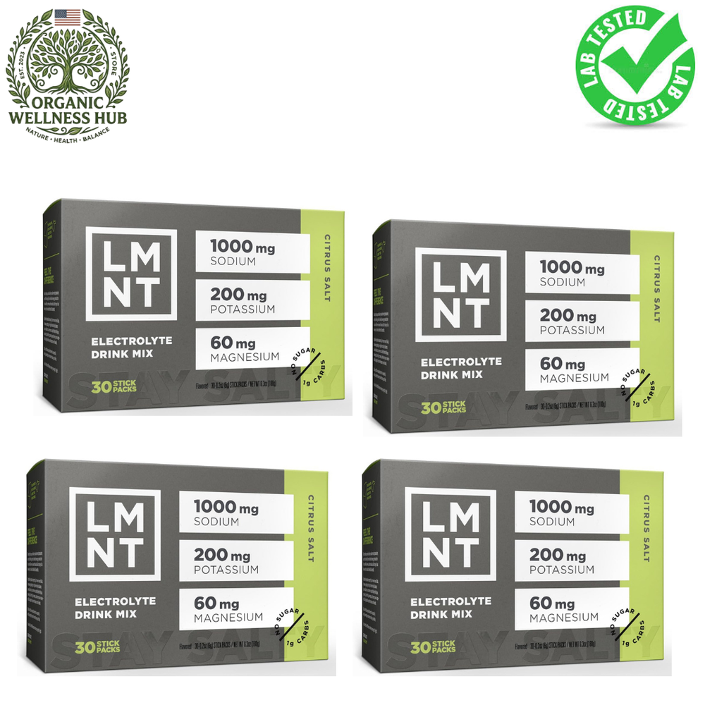 LMNT Electrolyte Drink Mix Citrus Salt 4x30 Stick Packs | 1000mg Sodium | No Sugar | Lab Tested | Organic Wellness Hub.