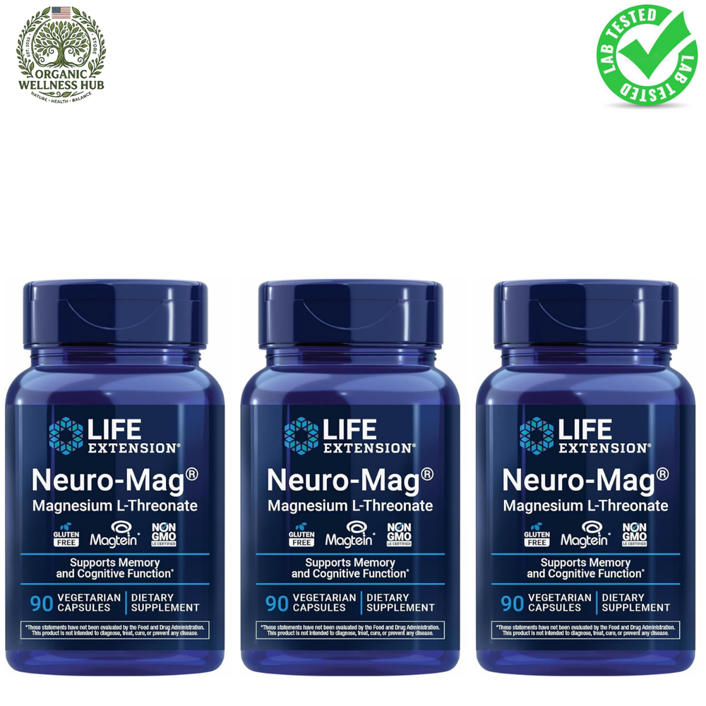 Life Extension Neuro-Mag Magnesium L-Threonate 90 Vegetarian Capsules (3 Bottles) | Brain & Memory Support | Organic Wellness Hub