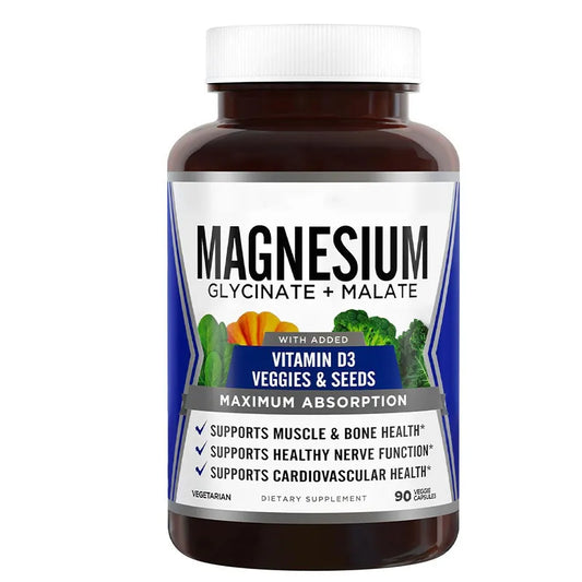 Magnesium Glycinate + Malate with Vitamin D3, Veggies & Seeds | Max Absorption | 90 Veggie Caps | Organic Wellness Hub