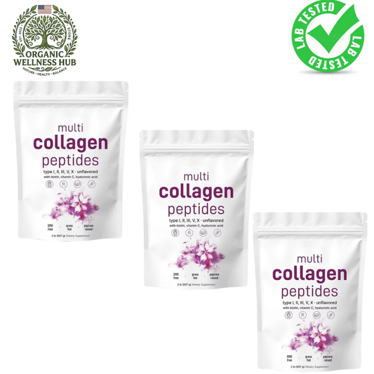 Multi Collagen Peptides Powder 3-Pack Bundle 6lb | Type I II III V X with Biotin Vitamin C & Hyaluronic Acid | GMO-Free Grass-Fed Pasture-Raised | Organic Wellness Hub