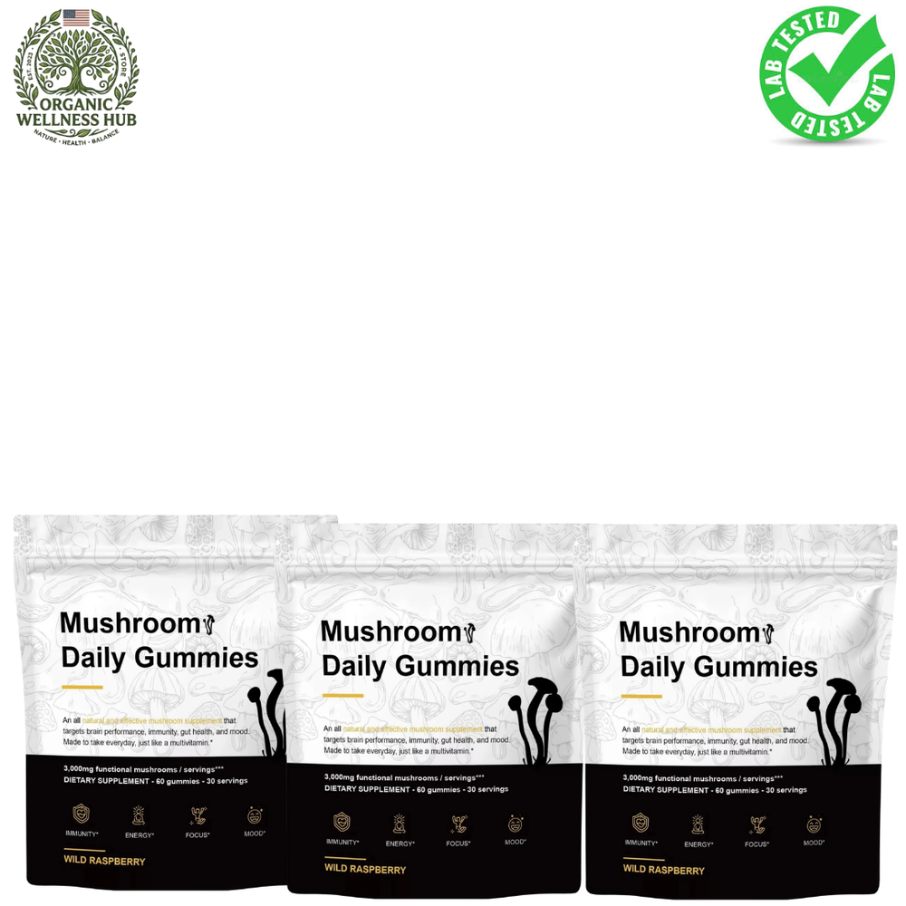 Mushroom Daily Gummies 3-Pack – 3000mg Functional Mushrooms for Brain, Immunity, Energy, Focus & Mood | Wild Raspberry | Organic Wellness Hub