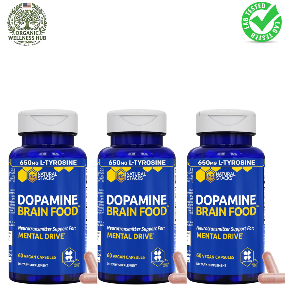Natural Stacks Dopamine Brain Food™ 3-Pack Bundle – 650mg L-Tyrosine Nootropic | 3×60 Vegan Capsules | Focus, Mental Drive & Motivation | Organic Wellness Hub