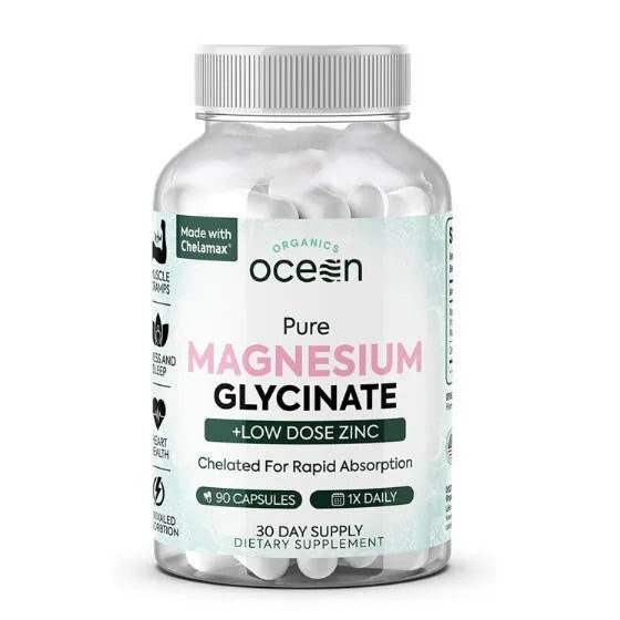 Ocean Organics Pure Magnesium Glycinate + Low Dose Zinc | Chelated Chelamax for Sleep, Muscle Cramps, Heart & Digestion – 90 Capsules | Organic Wellness Hub