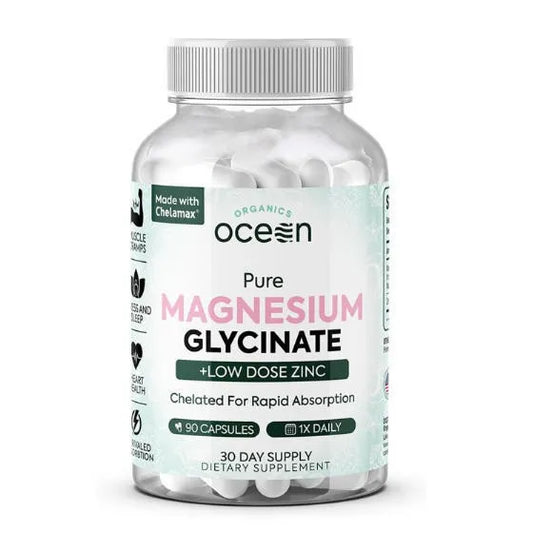 Ocean Organics Pure Magnesium Glycinate + Low Dose Zinc | Chelated Chelamax for Sleep, Muscle Cramps, Heart & Digestion – 90 Capsules | Organic Wellness Hub