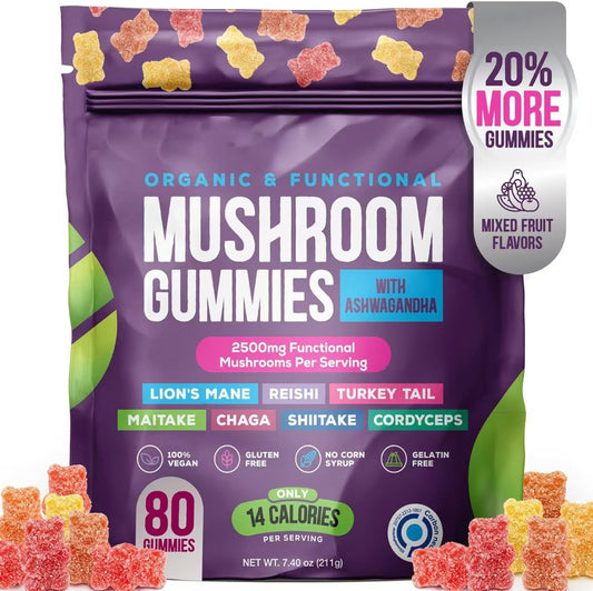 Organic Mushroom Gummies with Ashwagandha - 2500mg | Lion's Mane, Reishi, Chaga, Cordyceps & More | 80 Vegan Gummies | Mixed Fruit Flavor