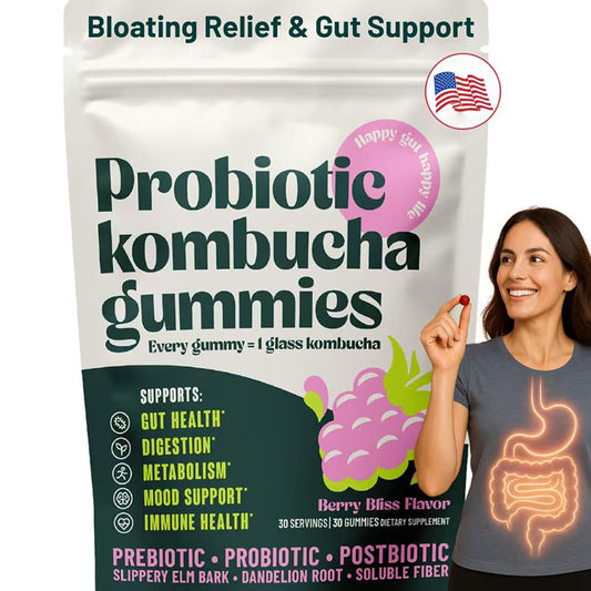 Probiotic Kombucha Gummies | Bloating Relief, Gut Health & Digestion Support | Prebiotic + Postbiotic | Berry Bliss | 30 Count