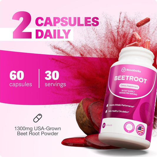 Rosabella Beetroot 1300mg | Blood Pressure, Heart Energy & Nitric Oxide Support | 100% Vegan 30-Day Supply