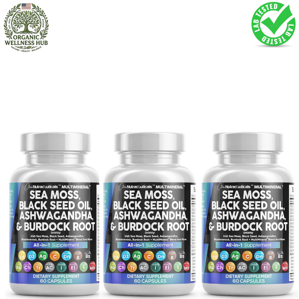 Sea Moss Black Seed Oil Ashwagandha Burdock Root Supplement | 60 Capsules | All-in-1 MultiMineral™ Blend | Irish Sea Moss, Bladderwrack, Turmeric, Elderberry, Chlorophyll & More | Immune, Energy & Thyroid Support