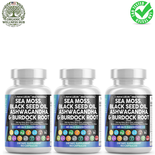 Sea Moss Black Seed Oil Ashwagandha Burdock Root Supplement | 60 Capsules | All-in-1 MultiMineral™ Blend | Irish Sea Moss, Bladderwrack, Turmeric, Elderberry, Chlorophyll & More | Immune, Energy & Thyroid Support