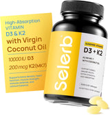 Selerb Vitamin D3 K2 Supplement — 10000 IU D3 + 200 mcg K2 MK7 with Coconut Oil | Bone Density, Immune Support | 120 Softgels
