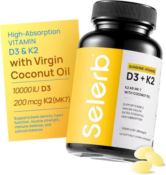 Selerb Vitamin D3 K2 Supplement — 10000 IU D3 + 200 mcg K2 MK7 with Coconut Oil | Bone Density, Immune Support | 120 Softgels
