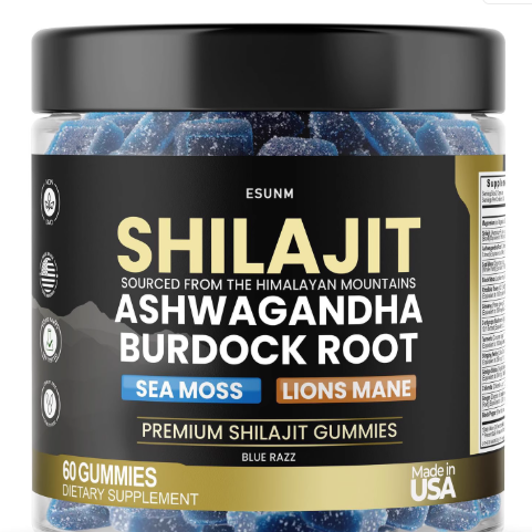 Shilajit Gummies with Ashwagandha, Sea Moss, Lion?s Mane & Burdock Root - Blue Razz 60 Gummies | Organic Wellness Hub