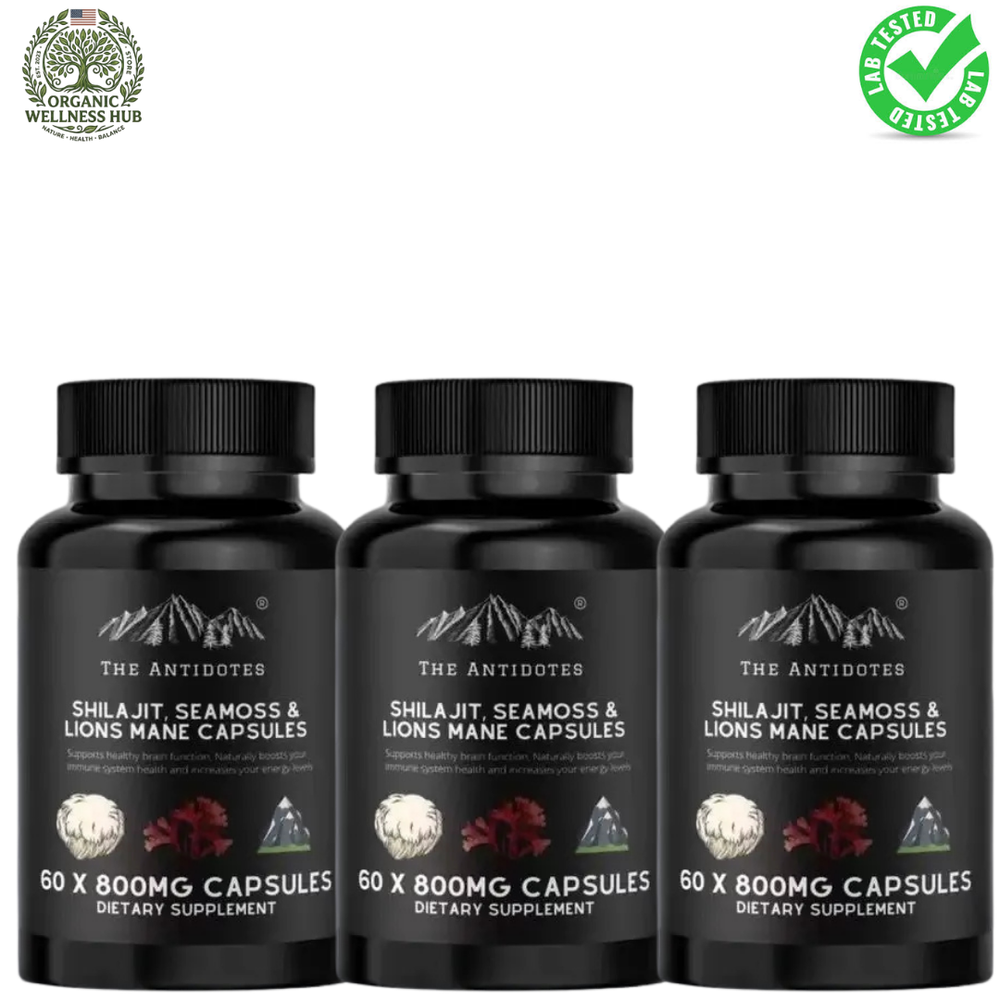 Shilajit Sea Moss & Lion's Mane Capsules 800mg 3-Pack – Brain, Energy & Daily Wellness Support | 180 Capsules | Organic Wellness Hub