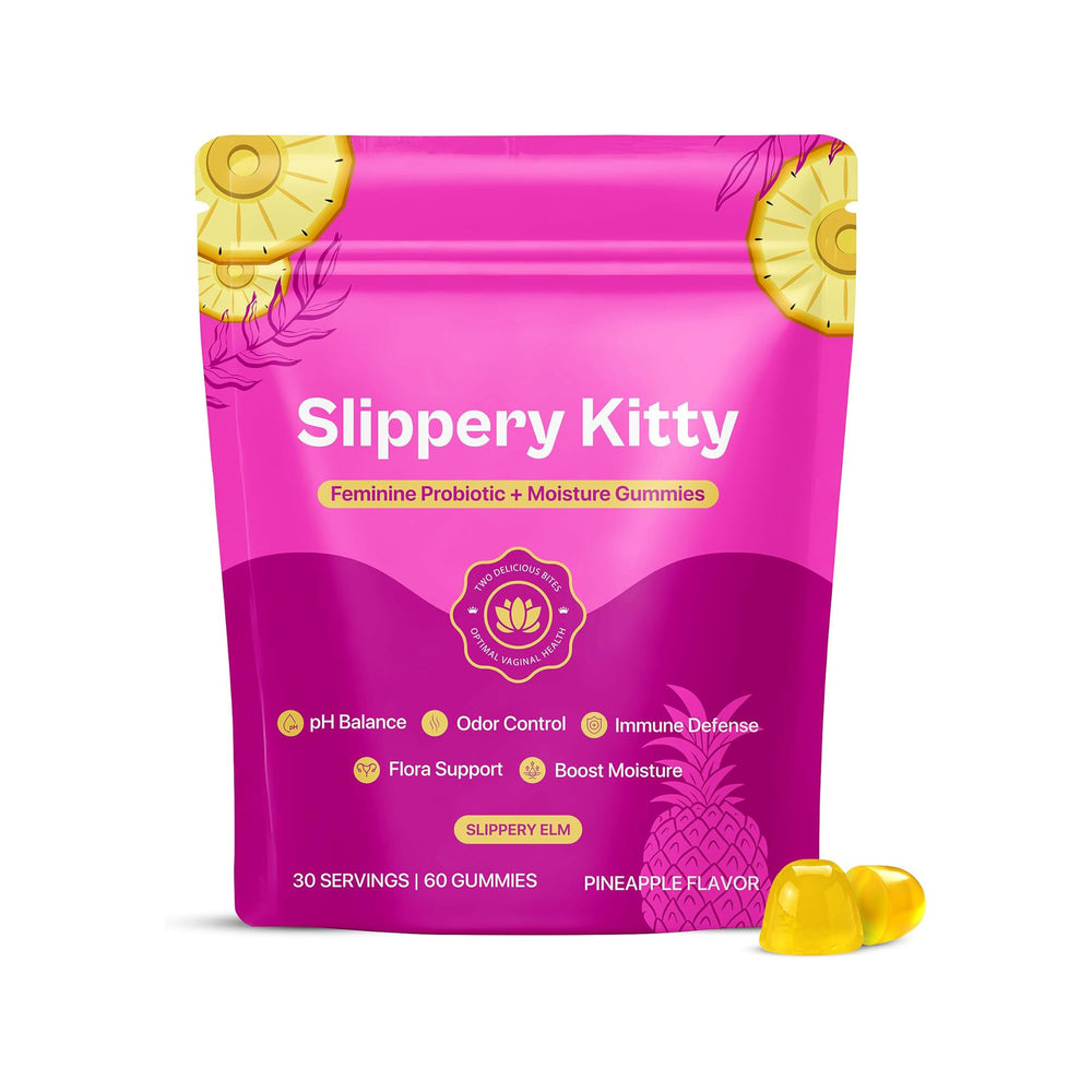 Slippery Kitty Feminine Probiotic + Moisture Gummies | pH Balance, Odor Control & Flora Support | Slippery Elm | 60 Gummies Pineapple