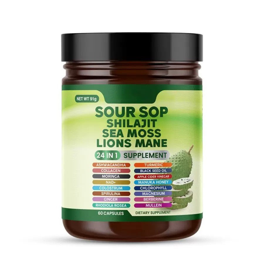 Sour Sop Shilajit Sea Moss Lions Mane Supplement | 24-in-1 Organic Blend | Ashwagandha, Turmeric, Collagen, Berberine, NAD+ | 60 Capsules | Organic Wellness Hub