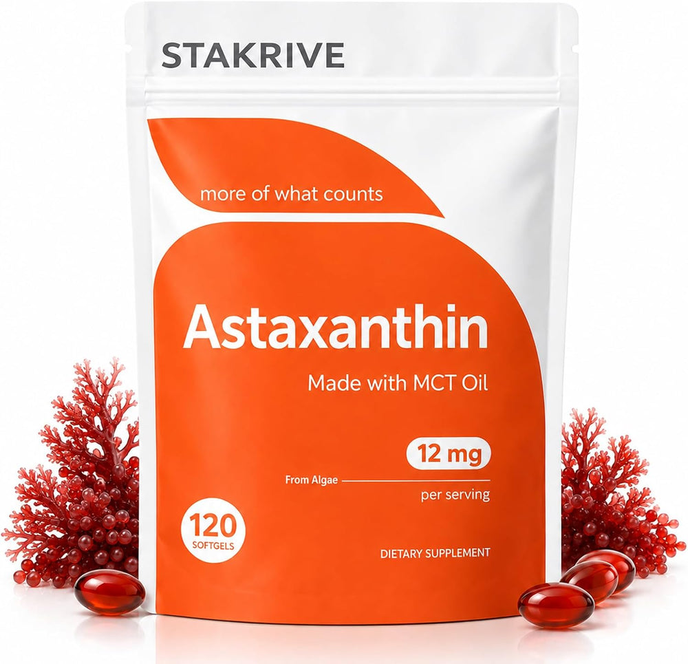 Stakrive Astaxanthin 12mg Softgels | Made with MCT Oil | Algae-Sourced Antioxidant Supplement | 120 Count | Lab Tested | Organic Wellness Hub