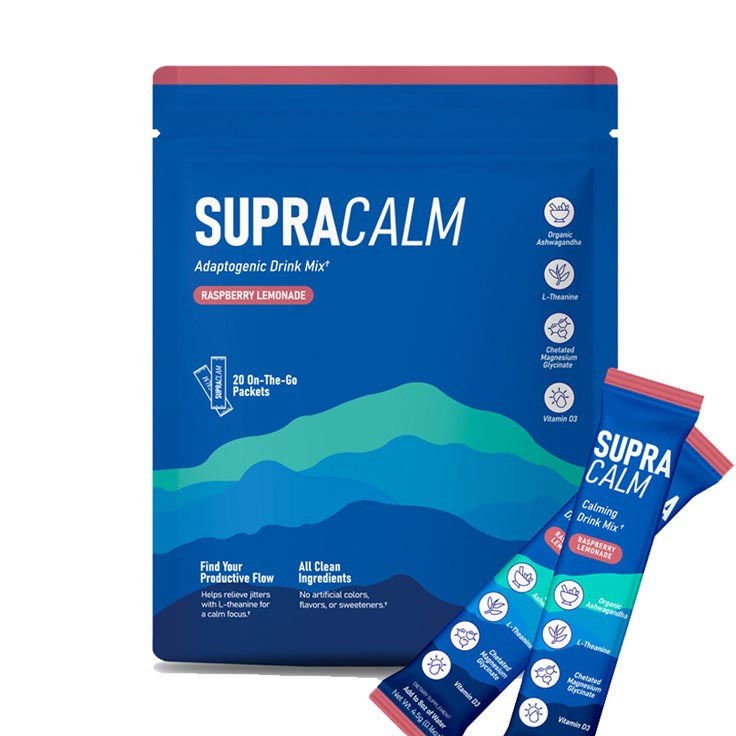 SupraCalm Adaptogenic Drink Mix - Raspberry Lemonade | Organic Ashwagandha, L-Theanine, Magnesium Glycinate & Vitamin D3 | Calm Focus + Stress Relief | 20 On-The-Go Packets | Organic Wellness Hub