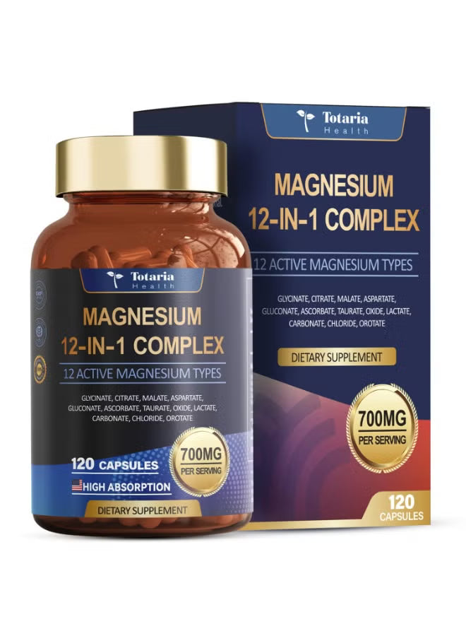 Totaria Health Magnesium 12-in-1 Complex 700mg – 120 Capsules High Absorption Magnesium Supplement | Organic Wellness Hub