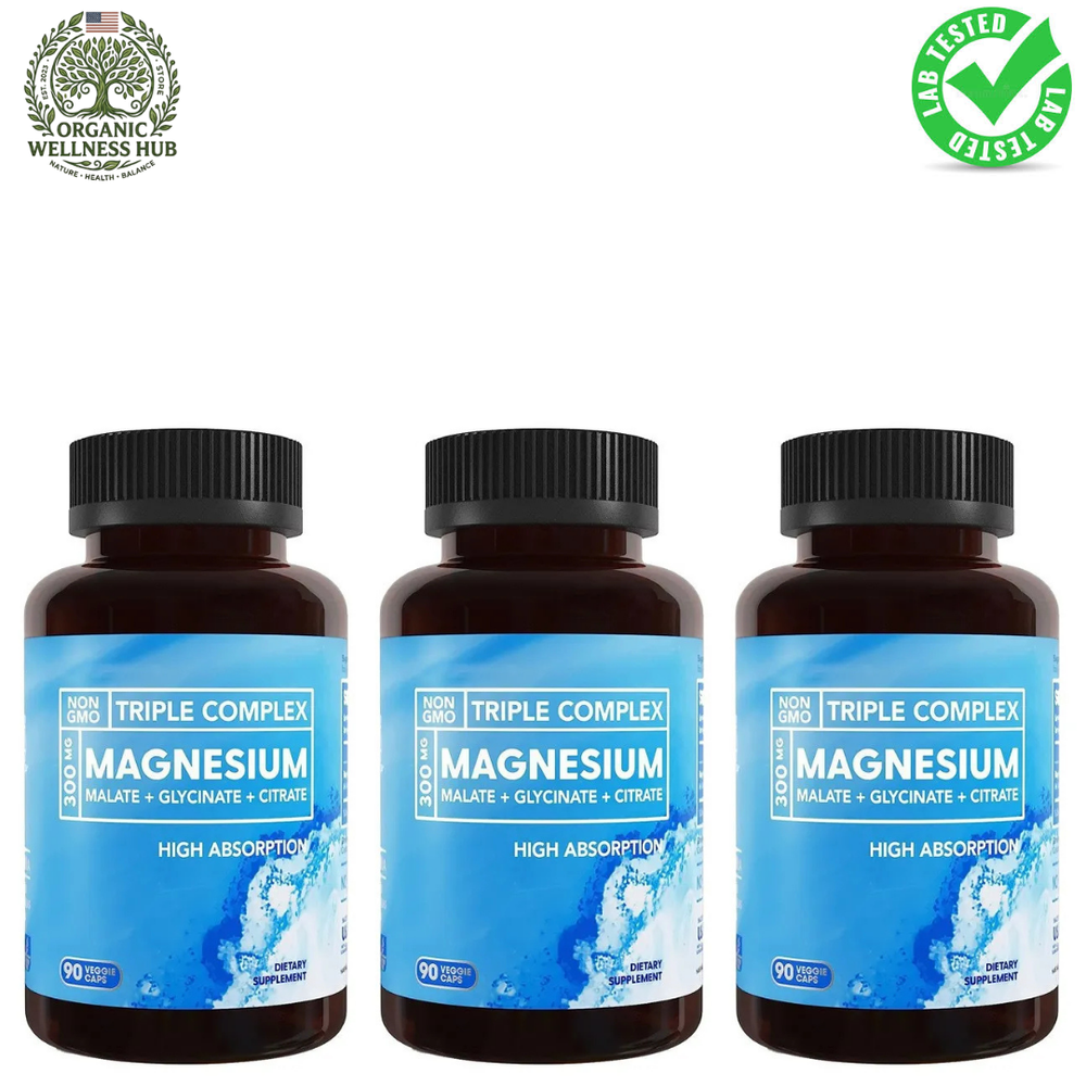 Triple Complex Magnesium 3-Pack | 300mg Malate Glycinate Citrate | 270 Veggie Caps | Organic Wellness Hub