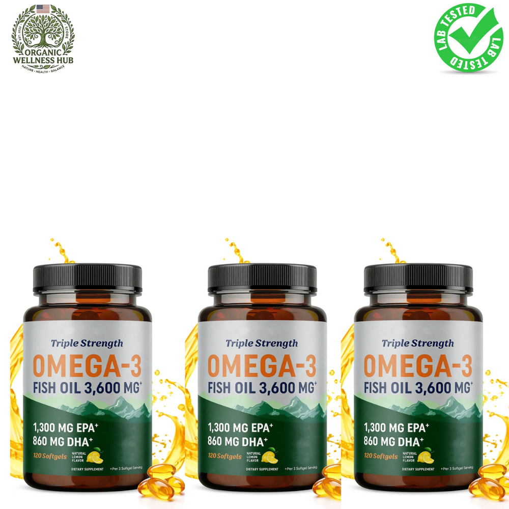 Triple Strength Omega-3 Fish Oil 3,600mg (3-Pack) - 1300mg EPA & 860mg DHA, 360 Lemon Softgels | Organic Wellness Hub
