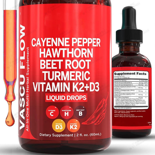 Vascu Flow Liquid Drops with Cayenne Pepper, Hawthorn, Beet Root, Turmeric & Vitamin K2+D3 | Cardiovascular Wellness Support | Organic Wellness Hub