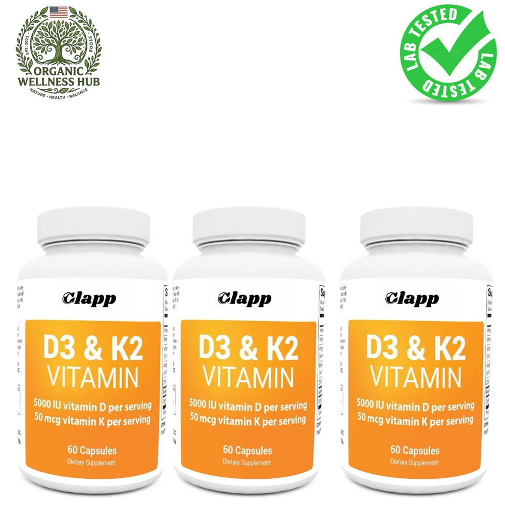Vitamin D3 K2 Supplement 3-Pack | 5000 IU D3 + 50 mcg K2 | 180 Capsules Total | Bone, Immune & Heart Support | Clapp

