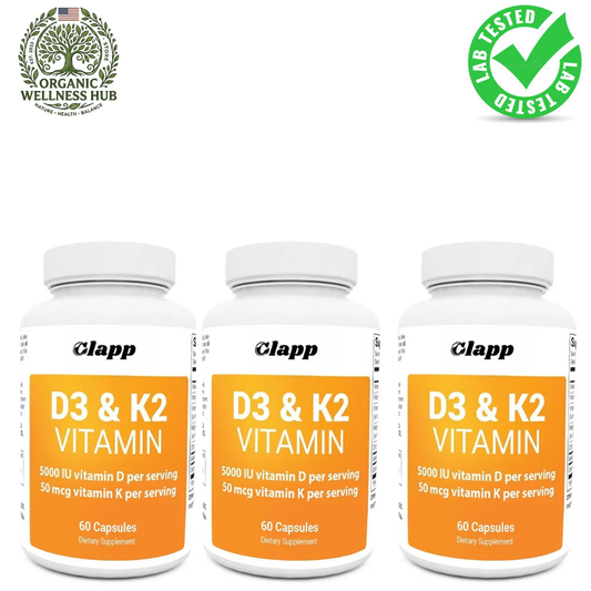 Vitamin D3 K2 Supplement 3-Pack | 5000 IU D3 + 50 mcg K2 | 180 Capsules Total | Bone, Immune & Heart Support | Clapp

