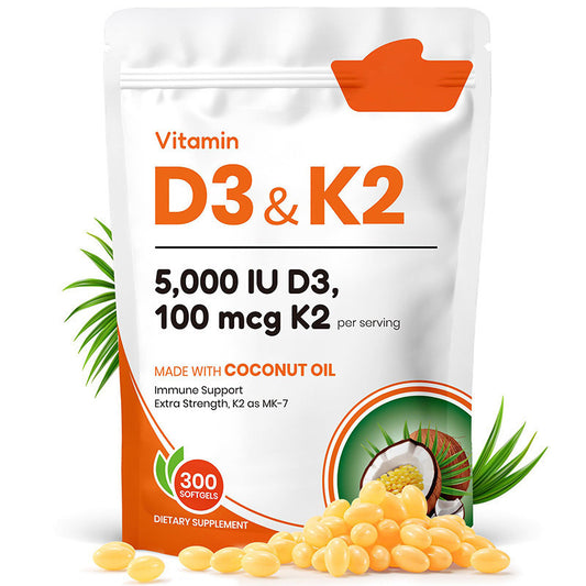 Vitamin D3 K2 Supplement | 5000 IU D3 + 100 mcg K2 as MK-7 | 300 Softgels with Coconut Oil | Extra Strength Immune Support | Bone & Heart Health | 300-Day Supply