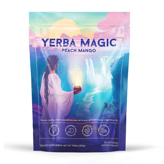 Yerba Magic Peach Mango | 30 Servings | Yerba Mate Energy Powder | No Crash Energy | Healthy Gut Support | Prebiotic and Probiotic | Low Sugar 2g | Dietary Supplement 330g