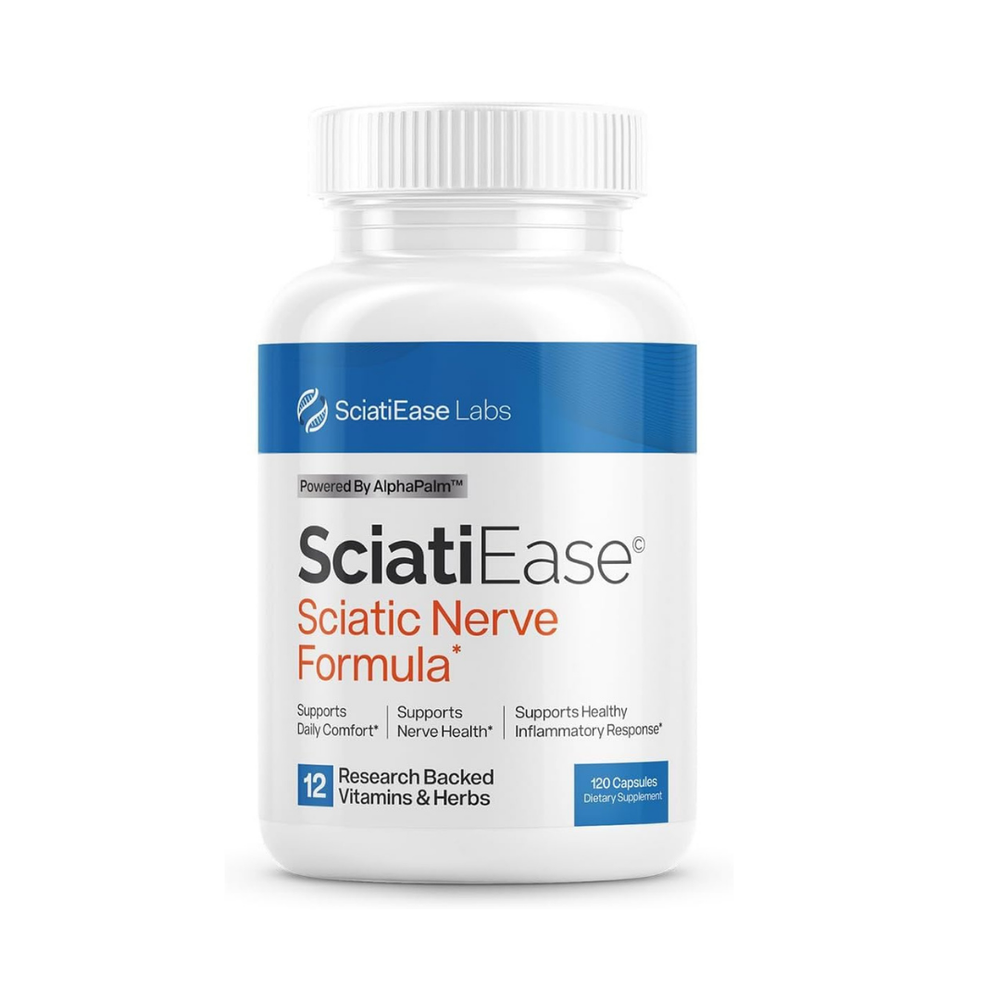 SciatiEase تركيبة العصب الوركي 3 عبوات | 360 كبسولة | تكفي لمدة 90 يومًا | مدعومة بتقنية AlphaPalm™ | 12 فيتامينًا وعشبًا مدعومًا بالأبحاث | تدعم الراحة وصحة الأعصاب والاستجابة للالتهابات