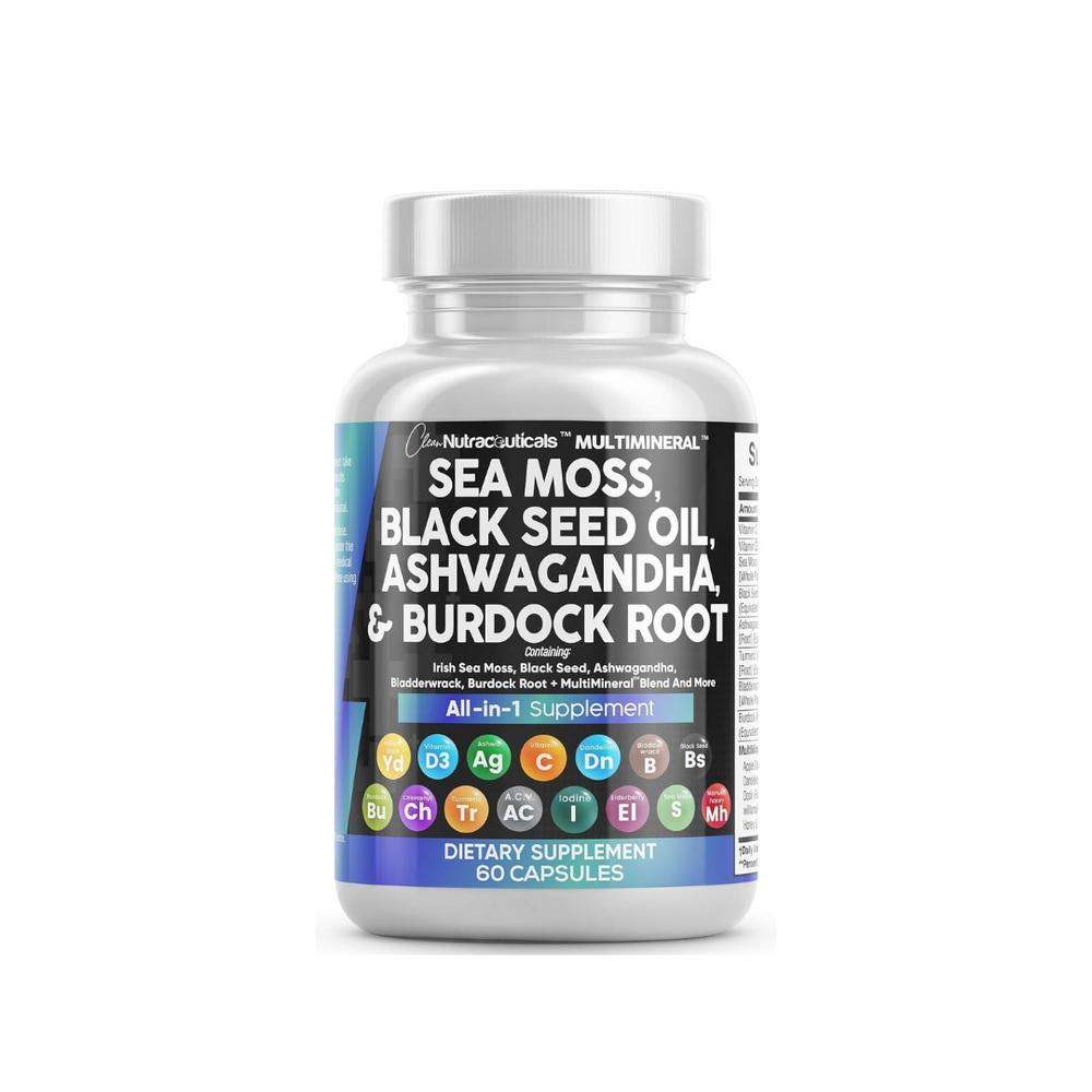 Sea Moss Black Seed Oil Ashwagandha Burdock Root Supplement | 60 Capsules | All-in-1 MultiMineral™ Blend | Irish Sea Moss, Bladderwrack, Turmeric, Elderberry, Chlorophyll & More | Immune, Energy & Thyroid Support