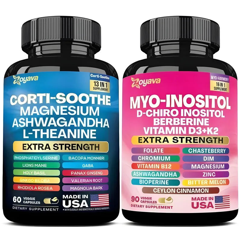 Zoyava Stress + Hormone Bundle | Corti-Soothe 13-in-1 & Myo-Harmony 16-in-1 | Ashwagandha, Myo-Inositol, Berberine | Made in USA | Organic Wellness Hub