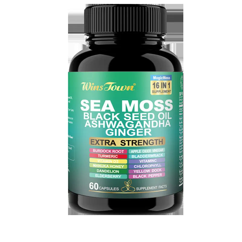 3 Pack WinsTown Sea Moss 16-in-1 Supplement – Black Seed Oil, Ashwagandha, Ginger, Burdock Root, Turmeric & More | 3 x 60 Capsules | 180 Caps Total | Extra Strength 102+ Minerals