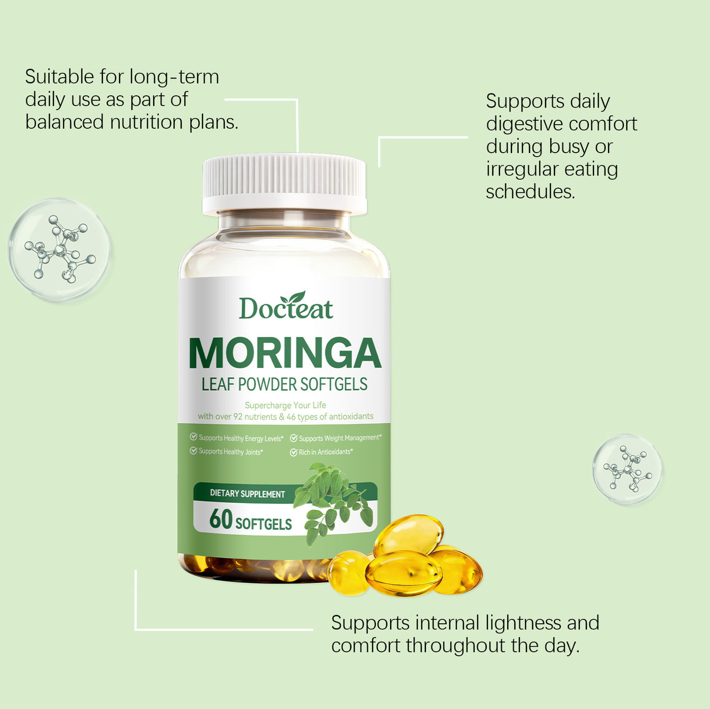 Docteat Moringa Leaf Powder Softgels 60 Caps | 92 Nutrients, Antioxidants, Gut Health & Energy Support Dietary Supplement