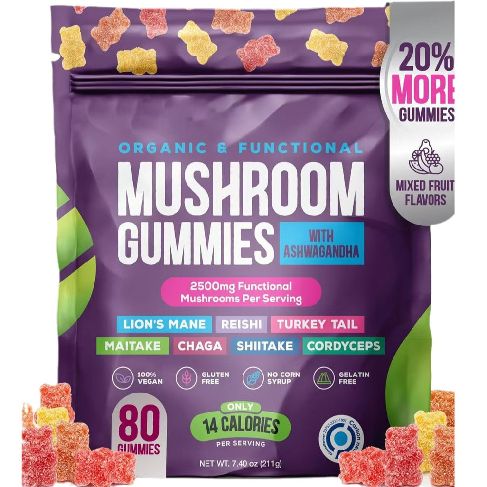 Organic Mushroom Gummies with Ashwagandha - 2500mg | Lion's Mane, Reishi, Chaga, Cordyceps & More | 80 Vegan Gummies | Mixed Fruit Flavor