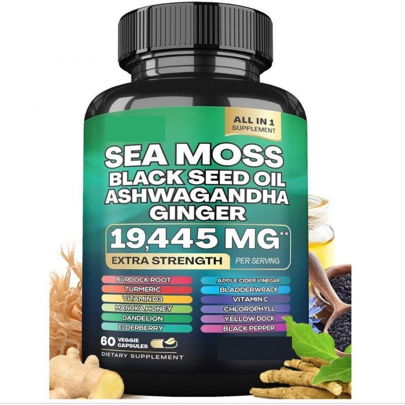 Sea Moss Black Seed Oil Ashwagandha Ginger Capsules 19,445mg - 16-in-1 Wellness Formula | Organic Wellness Hub