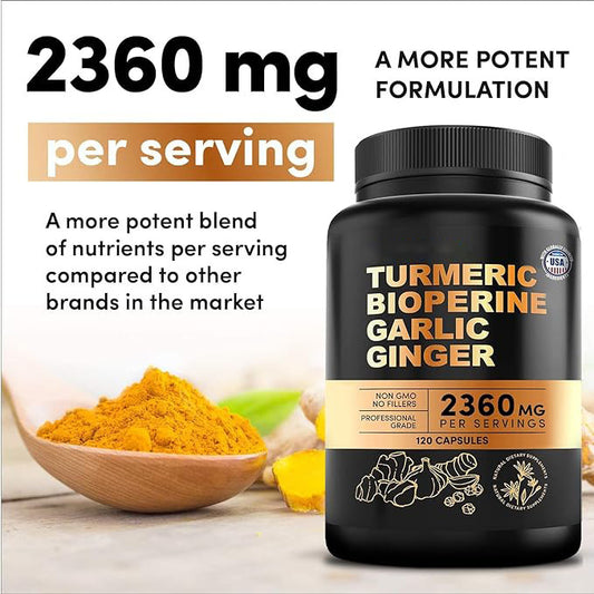 Turmeric Bioperine Garlic Ginger Supplement | 2360mg | 120 Capsules | Non-GMO | No Fillers | Organic Wellness Hub