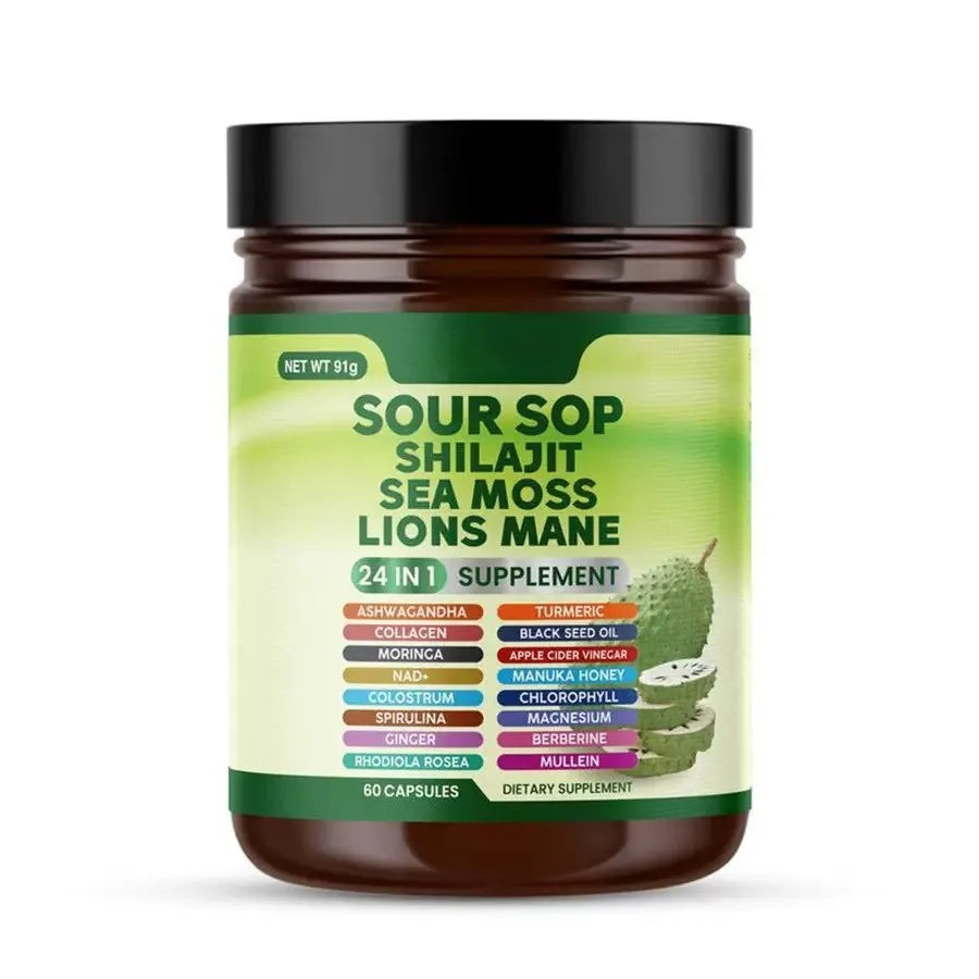 Sour Sop Shilajit Sea Moss Lions Mane 3-Pack Bundle | 24-in-1 Organic Supplement | 180 Capsules | Best Value | Organic Wellness Hub