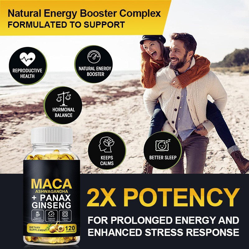 Maca Ashwagandha Panax Ginseng Capsules 120 Count -Energy, Stamina & Focus Support | Organic Wellness Hub