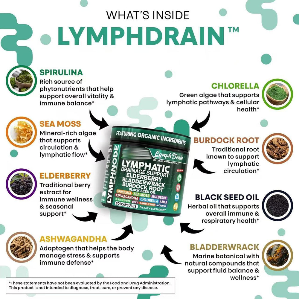 Lymphatic Drainage Support Supplement – Elderberry, Sea Moss, Burdock Root & Bladderwrack | 90 Vegan Capsules | Organic Wellness Hub